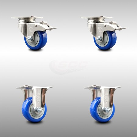 Service Caster 3.5 Inch 316SS Blue Polyurethane Swivel Plate Caster Lock Brake 2 Rigid, 2PK SCC-SS316TTL20S3514-PPUB-BLUE-2-R-2